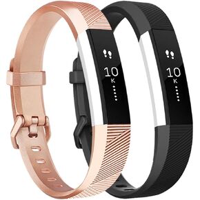 Tobfit Pack 2 Sport Bands Compatible with Fitbit Alta Bands/Alta HR/Ace, Soft TPU Replacement Wristbands with Metal Secure Buckle for Women Men (Black/Rose Gold, Small)
