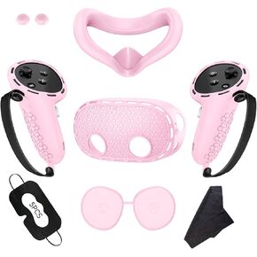 Pink Silicone Cover Set Compatible with Oculus Quest 3S,VR Face Cover,Shell Cover,Touch Controller Grip Cover,Protective Lens Cover & Disposable Eye Cover