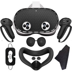 Silicone Cover Set: VR Protector Face Cover, Controller Grips Covers, Front Shell Headset Cover, Lens Protective Cover, 5 x Disposable Eye Covers Compatible with Meta/Oculus Quest 3S Accessories