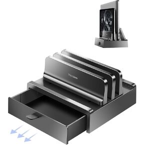 Vaydeer Vertical Laptop Stand with Drawer, Dual Slots Plastic Laptop Holder with Space Saving 4-in-1 Design, Adjustable Laptop Stand for Desk, Supports MacBook, Chromebook, Surface, Dell
