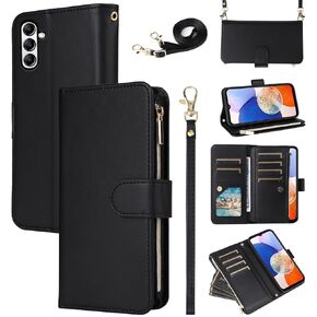 Wallet Case for Samsung Galaxy S24 Plus/S25 Plus S24+ S25+ 5G with Wrist Strap Shoulder Strap Zipper Purse Card Holder Stand Phone Cover S24Plus 24S + S 24 24+ S25Plus 25S 25+ Girls Pink