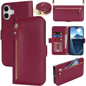 for iPhone 16 Plus Wallet Case for Women,Zipper Pocket,PU Leather Phone Case Stand flip Cover Crossbody Lanyard Strap Zipper Credit Card Holder Slots for Apple 16 Plus,Black