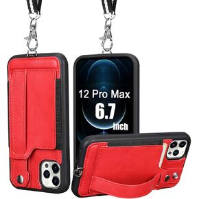 TOOVREN iPhone 12 Pro Max Wallet Case, Phone Lanyard Case with PU Leather Kickstand Card Holder Detachable Neck Strap Protective Cover for Apple iPhone 12 Pro Max 6.7inch 5G Red