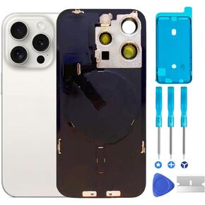 أصلي 15 Pro Back Glass Replace & Cable & Flex Cable وجميع الأجزاء ، إطار الكاميرا المُثبت مسبقًا لأدوات iPhone 15 Pro + إصلاح (التيتانيوم الأبيض)