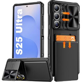 for Samsung Galaxy S25 Ultra Case with Card Holder (3-4 Cards)[Slide Camera Cover][Kickstand][Military Grade Protection] Shockproof Rugged Wallet Case for Galaxy S25 Ultra (Black)