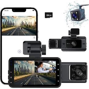 Dash Cam，3 Channel Dash Cam Front and Rear Inside, 1080P Full HD Dash Camera for Cars, Free 64GB SD Card, 3"IPS Screen, Night Vision, 170°Wide Angle, WDR, 24H Parking Mode
