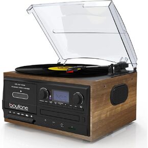Boytone BT-32W, Bluetooth Record Player Turntable, AM/FM Radio, Cassette, CD Player, 2 Built in Speaker, Ability to Convert Vinyl, Radio, Cassette, CD to MP3 Without a Computer, SD Slot, USB, AUX