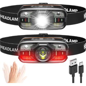ASORT Headlamp Rechargeable, 2000 Lumen Ultra-Light LED Headlight with White & Red Light, Motion Sensor, 11 Modes, Waterproof, Adjustable Headband for Outdoor Camping, Hiking, Fishing (2-Pack)