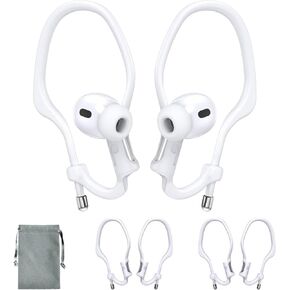 2 Pairs AirPods Ear Hooks for AirPods 4, 3, 2 & 1, AirPods Pro 2, AirPods Pro, [Adjustable] [Silicone] Upgraded Anti Slip Clip Grip [Added Velvet Storage Pouch] for Running Sports – White