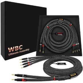 WORLDS BEST CABLES 12 Foot Ultimate - 7 AWG - Ultra-Pure OFC – Extra Premium Audiophile HiFi Bi-Wire Speaker Cable Pair with Eminence Gold Banana Plugs & Carbon Tweed Jacket