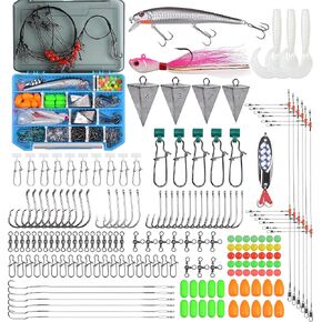 Surf Fishing Tackle Kit, 173pcs Ocean Saltwater Fishing Lures Surf Fishing Gear Fish Finder Rigs Pompano Rig Pyramid Sinker Weight Fishing Hooks Swivels Snaps Floats Beads Various Accessories