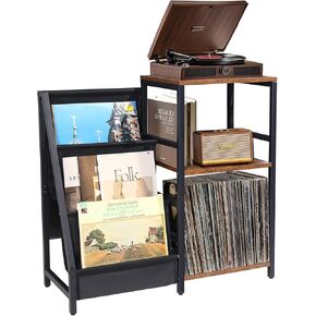 Record Player Stand with Vinyl Storage，200 LP Wooden Record Display Table for Albums Books Magazines Files ，Functional Vintage Turntable Stand for Living Room/Bedroom