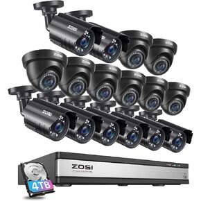 ZOSI 16CH Security Camera System Outdoor Indoor,16pcs 1080p Surveillance CCTV Cameras,Night Vision,Motion Alerts,Remote Access,H.265+ 16Channel DVR with 4TB HDD for 24/7 Recording