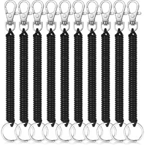 Mozeat Lens 10PCS Retractable Coil Spring Keychain Spiral Cord Coil Keychain Holder Cell Phone Elastic Wrist Lanyard with Key Ring & Lobster Clasp for Keys Wallet Cellphone, Black