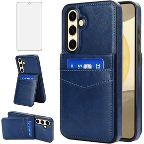 Asuwish Phone Case for Samsung Galaxy S24 FE 5G with Tempered Glass Screen Protector and Credit Card Holder Wallet Cover Stand Leather Cell Accessories S 24 EF S24FE 24S Women Men Blue