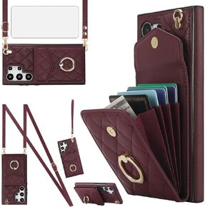 Asuwish Phone Case for Samsung Galaxy S24 Ultra 5G Wallet Cover with Tempered Glass Screen Protector and Wrist Strap Ring RFID Blocking Credit Card Holder Cell S24Ultra 24S S 24 24Ultra Women Wine Red