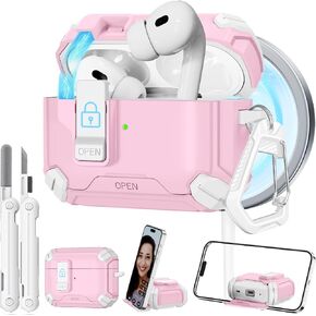 for AirPods Pro 2 Case 【with Invisible Phone Stand】 Secure Lock Case Compatible with MagSafe, Pink Cases for Apple AirPods Pro 2nd/1st Generation Case Cover with Cleaner and Keychain, Auto-Open