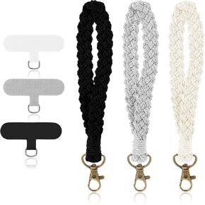 Thinp 3 Pcs Boho Macrame Phone Wrist Strap Cell Phone Lanyard with Tether Tab Phone Chain Wristlet Anti-Loss Phone Chain Handmade Macrame Keychain Wrist Lanyard for Phone Women Men(Black,White,Gray)