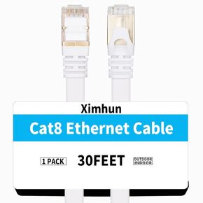 Cat 8 Ethernet Cable 30 FT, 40Gbps 2000Mhz High Speed Flat Cat8 Cable Patch Cord with Gold-Plated RJ45 Connector, LAN Network Internet Cable, Router/Gaming/Computer, S/FTP