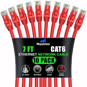 Maximm Cat 6 Ethernet Cable 30 ft (10-Pack) - High-Speed LAN Cable, Internet Cable, Patch Cable, and Network Cable - UTP, 10Gbps, 550MHz Ethernet Cord - Red