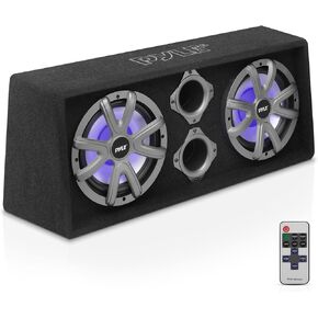 PyleUsa 8" Dual Subwoofer Box System - 400-Watt Slim Mount Truck Audio Subwoofer Box - Rear Vented Design with Built-in Illuminating LED Lights, 2x400 Watts Max Power