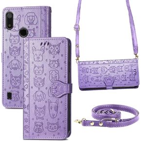 Lanyard Wrist Strap Case Compatible with GabbPhone 4, Compatible for Gabb 4 Case Card Holder, Wallet PU Leather 3D Embossed Cartoon [Hands Free Detachable Crossbody Strap] Shockproof -Purple