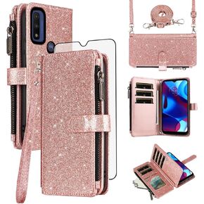 Asuwish Phone Case for Motorola Moto G Pure 2021 Wallet Cell Cover with Tempered Glass Screen Protector Strap Glitter Zipper Flip Credit Card Holder MotoGPure MotoG GPure XT2163DL 6.5 Women Rose Gold