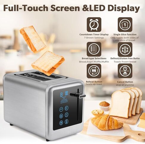 Toaster 2 Slice,Toasters with LCD Touch Screen and Countdown Timer,Stainless Steel Toaster with Toasting One Slice,7 Shade Settings, 6 Bread Types,Toaster with Bagel/Defrost/Reheat/Cancel Function in Kuwait