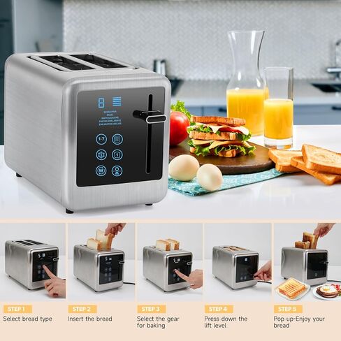 Toaster 2 Slice,Toasters with LCD Touch Screen and Countdown Timer,Stainless Steel Toaster with Toasting One Slice,7 Shade Settings, 6 Bread Types,Toaster with Bagel/Defrost/Reheat/Cancel Function in Kuwait