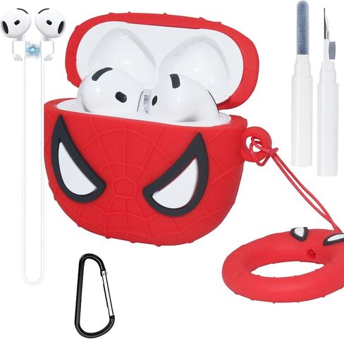 متوافق مع غطاء حالة الجيل الرابع من AirPods مع سلسلة المفاتيح ومجموعة أنظف ، وسلك مغناطيسي مضاد للورق لطيف ثلاثي الأبعاد سيليكون ناعم مضحكة لملحقات AirPods 4 للنساء للنساء Red in Kuwait