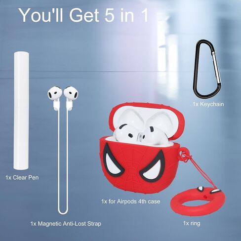 متوافق مع غطاء حالة الجيل الرابع من AirPods مع سلسلة المفاتيح ومجموعة أنظف ، وسلك مغناطيسي مضاد للورق لطيف ثلاثي الأبعاد سيليكون ناعم مضحكة لملحقات AirPods 4 للنساء للنساء Red in Kuwait
