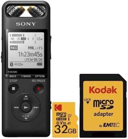 مسجل صوتي عالي الدقة من Sony PCM-A10 مع ذاكرة 16 جيجابايت وحزمة ميكروفون ستيريو مدمج (أسود) مع بطاقة 32 جيجابايت من الفئة 10 UHS-I U1 MicroSDHC مع محول (عنصران) in Saudi Arabia