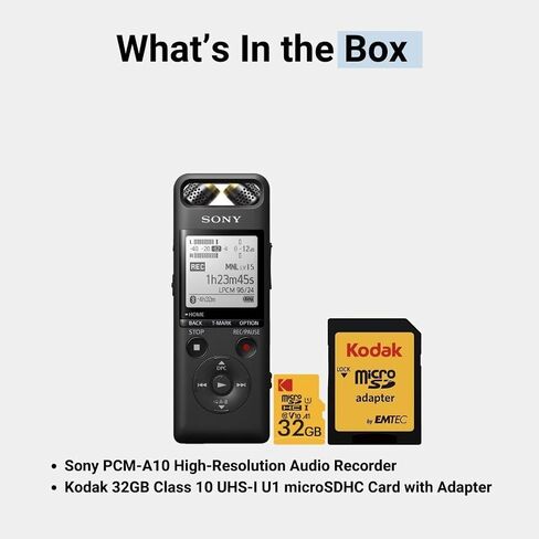مسجل صوتي عالي الدقة من Sony PCM-A10 مع ذاكرة 16 جيجابايت وحزمة ميكروفون ستيريو مدمج (أسود) مع بطاقة 32 جيجابايت من الفئة 10 UHS-I U1 MicroSDHC مع محول (عنصران) in Saudi Arabia