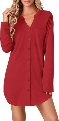Vrtige Women's Striped Nightshirt Button Down Long Sleeve Nightdress Nightgown with Pocket in Saudi Arabia