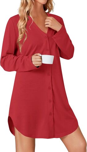 Vrtige Women's Striped Nightshirt Button Down Long Sleeve Nightdress Nightgown with Pocket in Saudi Arabia