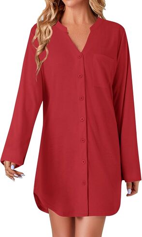Vrtige Women's Striped Nightshirt Button Down Long Sleeve Nightdress Nightgown with Pocket in Saudi Arabia