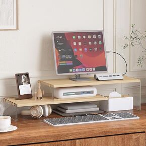 YGYQZ Wood Adjustable Monitor Riser for Desk, 2 Tier Dual Monitor Stand with Acrylic Legs Office Desk Shelf Organizer for Laptop, PC, Printer, Computer (wood-flat)