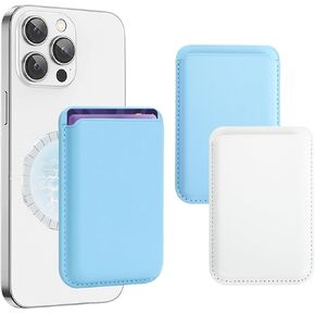 [2 Pack] Magnetic Wallet with Magsafe, Leather Phone Wallet Slim Card Holder Phone Pocket Cards Sleeves Stick on Phone Compatible with iPhone 15 14 13 12 Pro/Pro Max/Plus/Mini (White and Blue)