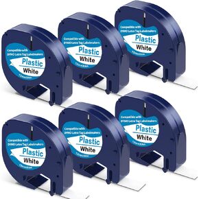6 X Compatible with DYMO Letratag Refills, Plastic White Replacement for DYMO Letratag Label Maker Refills 91331 S0721660, Black on White 1/2" x 13 feet Label Maker Tape for LT-100H LT-100T 200B QX50