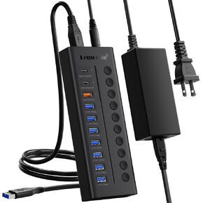 Lemorele 72W Powered USB Hub - 10-Port USB Splitter (7 Fast Data Transfer Ports + 3 Smart Charging Port) with Individual LED On/Off Switches, USB Hub 3.0 with DC Power for Mac, PC, and More