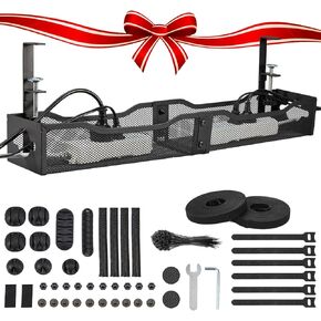 Under Desk Cable Management Tray Black,Metal Mesh Cable Management Under Desk No Drill,2 Hole with Clamp Mount 25" with Desk Wire Management and Organizer for Home Office Standing Desk