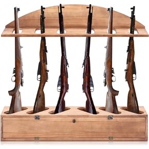 Wood Gun Rack Wall Mount Gun Display Rack with Storage Compartment Holds 6 Rifles Rack with Felt Pad