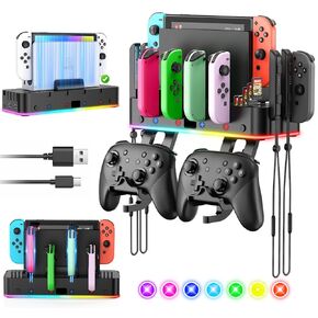 Klipdasse RGB Switch Wall Mount for Joy-con Charger, Switch Organizer for Nintendo/OLED with Holder, Switch Charging Dock for Joycon with 15 Light Mode, 4 Charger, 2 USB Port, 10 Card Slots