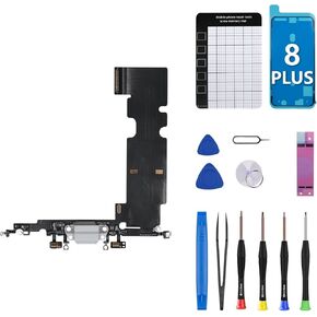 for iPhone 8 Plus Charging Port Replacement OEM White Headphone Jack Flex Cable USB Charge Dock Connector Antanna Flex Cable Microphone Assembly Fix Tool Kit Battery Adhesive A1864 A1897 A1898