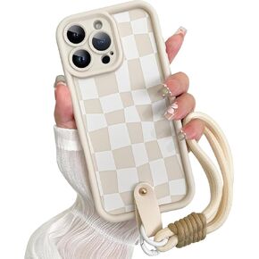 SOKAD for iPhone 16 Pro Max Case, Cute Checkered Checkerboard Pattern Phone Case with Wrist Strap Lanyard for Girls Women, Slim Soft Silicone Camera Protection Shockproof Case Cover, White