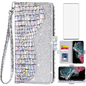 Asuwish Phone Case for Samsung Galaxy S22 Ultra 5G Wallet Cover with Screen Protector and Wrist Strap Flip Card Holder Bling Glitter Stand Cell Gaxaly S22ultra 22S S 22 22ultra G5 Women Girls Silver