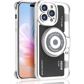 Losin Compatible with iPhone 15 Pro Max Case with Strap Cute 3D Vintage Camera Phone Case Handbag Lanyard Plating Camera PU Leather Phone Case Shockproof Protective Cover for Women and Girls, Pink