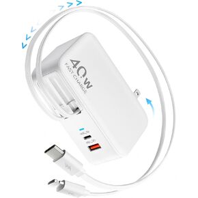 HATALKIN 4-in-1 Retractable Wall Charger with Dual USB Ports and 90cm Lightening and Type-C Cables, 40W Fast Charging Foldable Block Compatible with ipad,iPhone 16/15, airpods,Galaxy, Pixel, and More