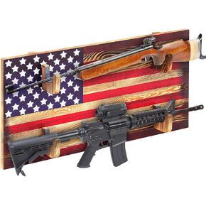 Wall Mount Gun Rack Indoor Gun Rack for 2 Guns Wooden Gun Display Rack Wood Gun Storage Shelf with Flag Background Guns Wall Holder for Guns, Bows and Arrows