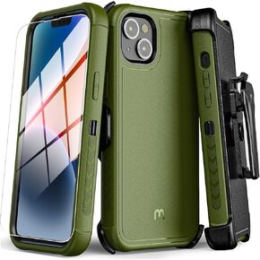 M MYBAT PRO Shockproof Maverick Series Case for iPhone 14 Plus Case with Belt Clip Holster and Tempered Glass, 6.7 inch, Heavy Duty Military Grade Drop Protective, with 360° Rotating Kickstand-Blue